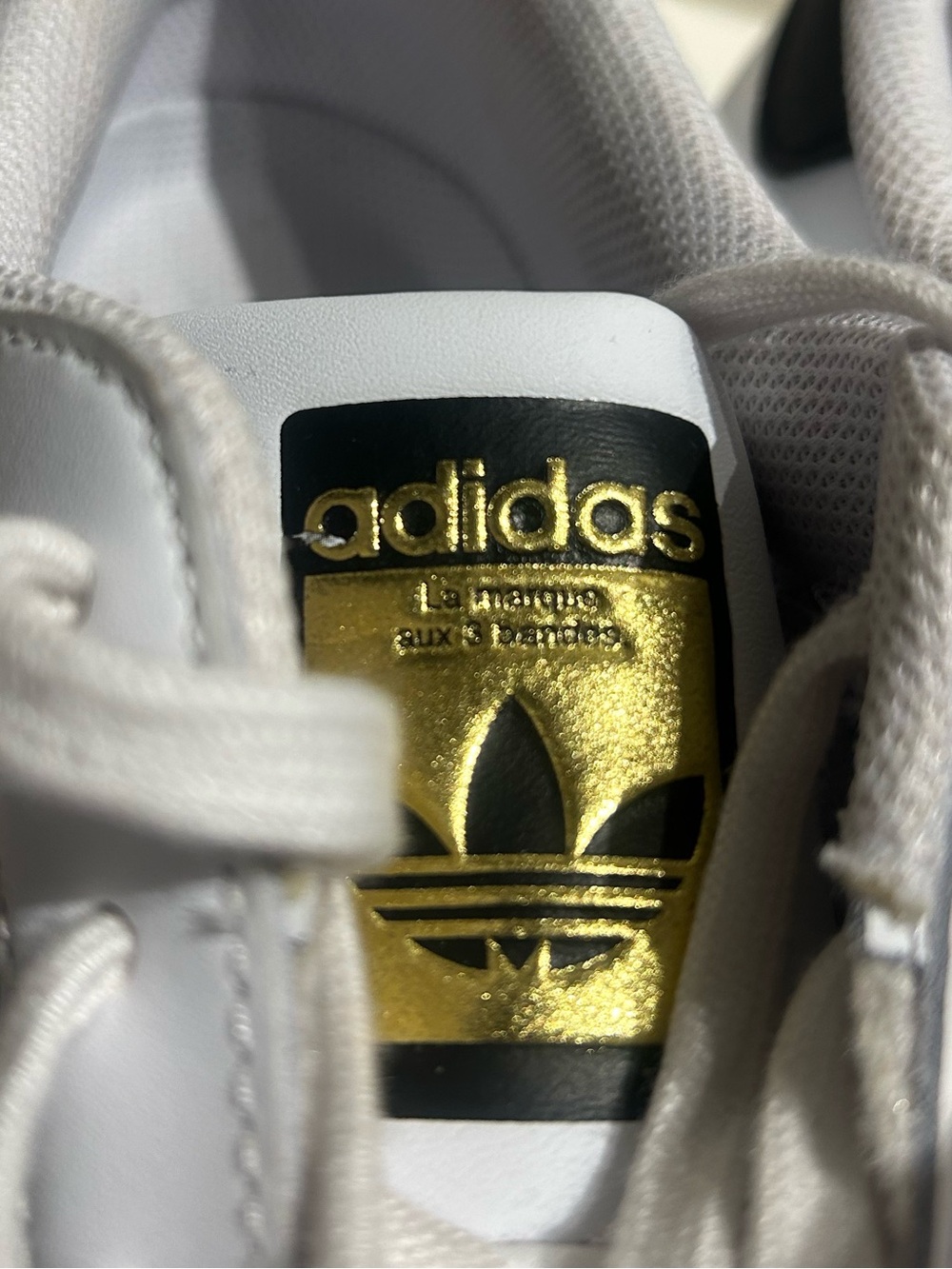 White & Black Adidas White Superstar Sneakers with Gold Logo, Mens Size 13